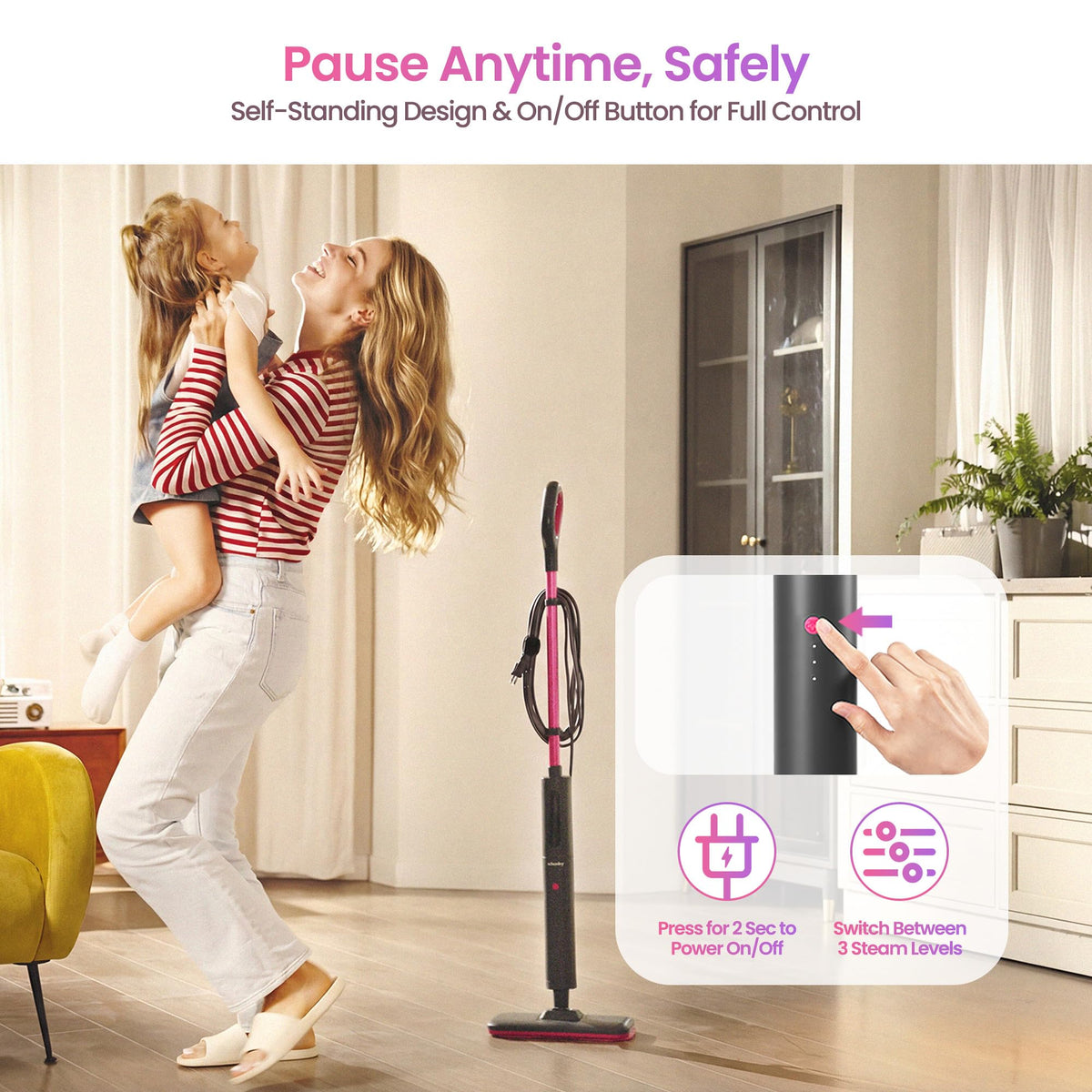 16-foot cord provides extended reach for larger rooms.