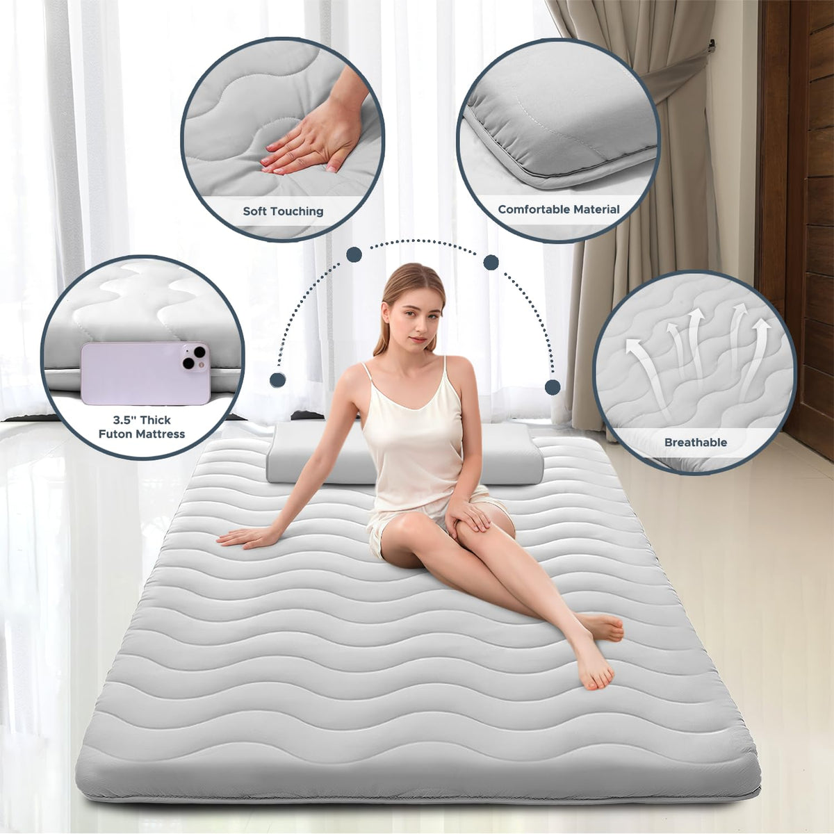 SCHNAUZER HOME Japanese floor mattress rolled out for full-body comfort.