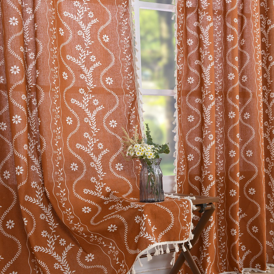 Schweek Terracotta curtains 84-inch length frame a cozy living room with diffused light and privacy.