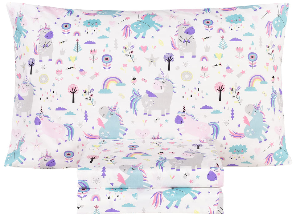 Scientific Sleep unicorn flat sheet with rainbow flowers for all-season comfort
