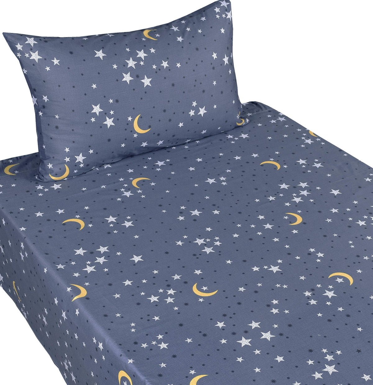Scientific Sleep Moon & Stars fitted sheet with elastic stays snug through the night.