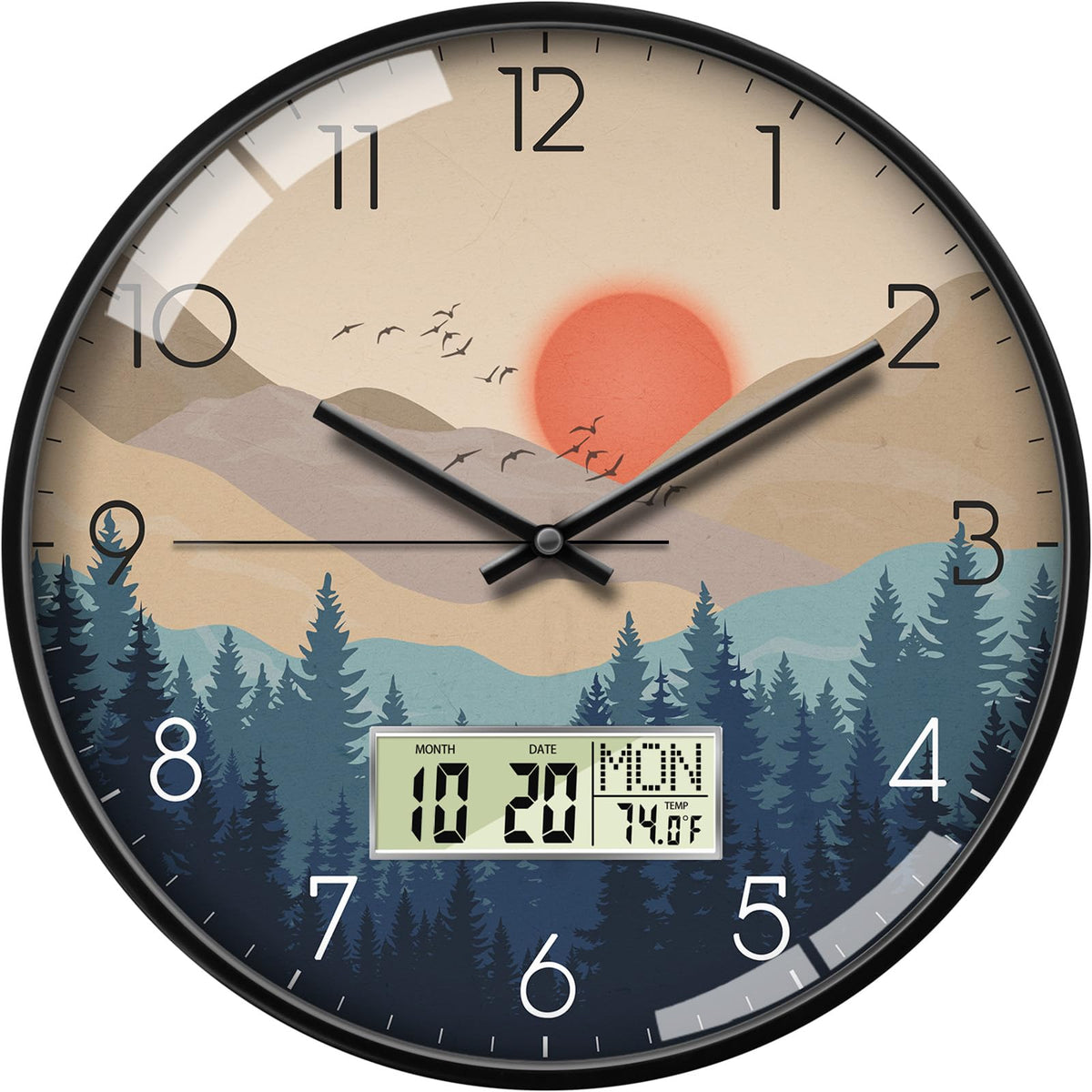 SCOAGE Wilderness Sunset 12-inch clock face with silent movement for tranquil living rooms.