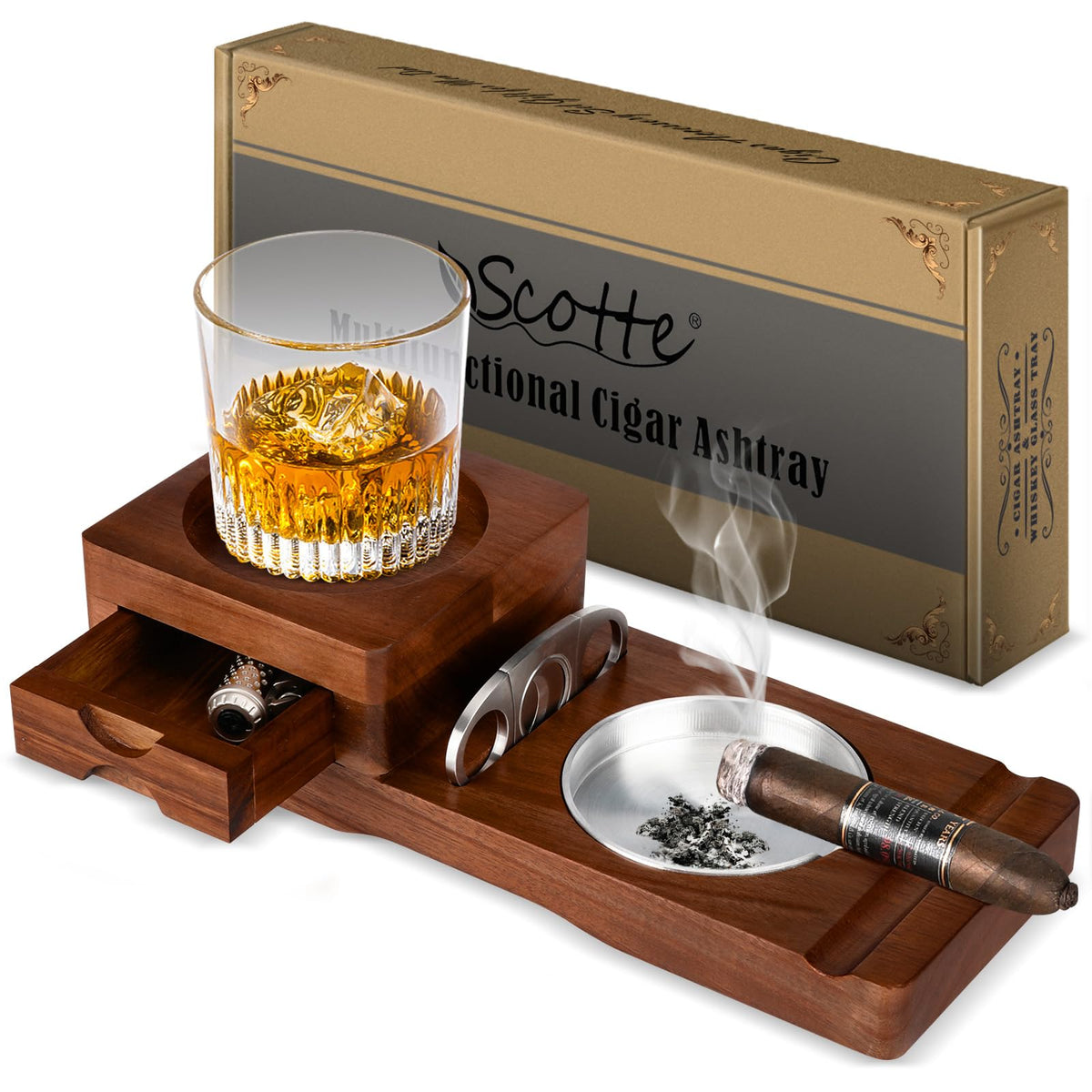 Scotte ashtray-coaster with drawer offers convenient cigar accessory storage and elegant display.