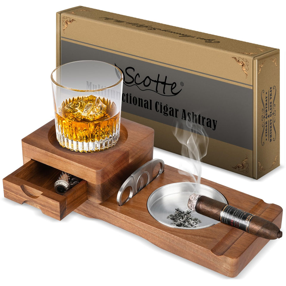 Scotte ashtray coaster set with whiskey tray and wooden base for stylish home bar use