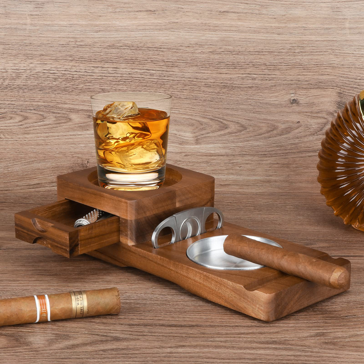 Scotte tray with built-in drawer stores lighters and tools within reach