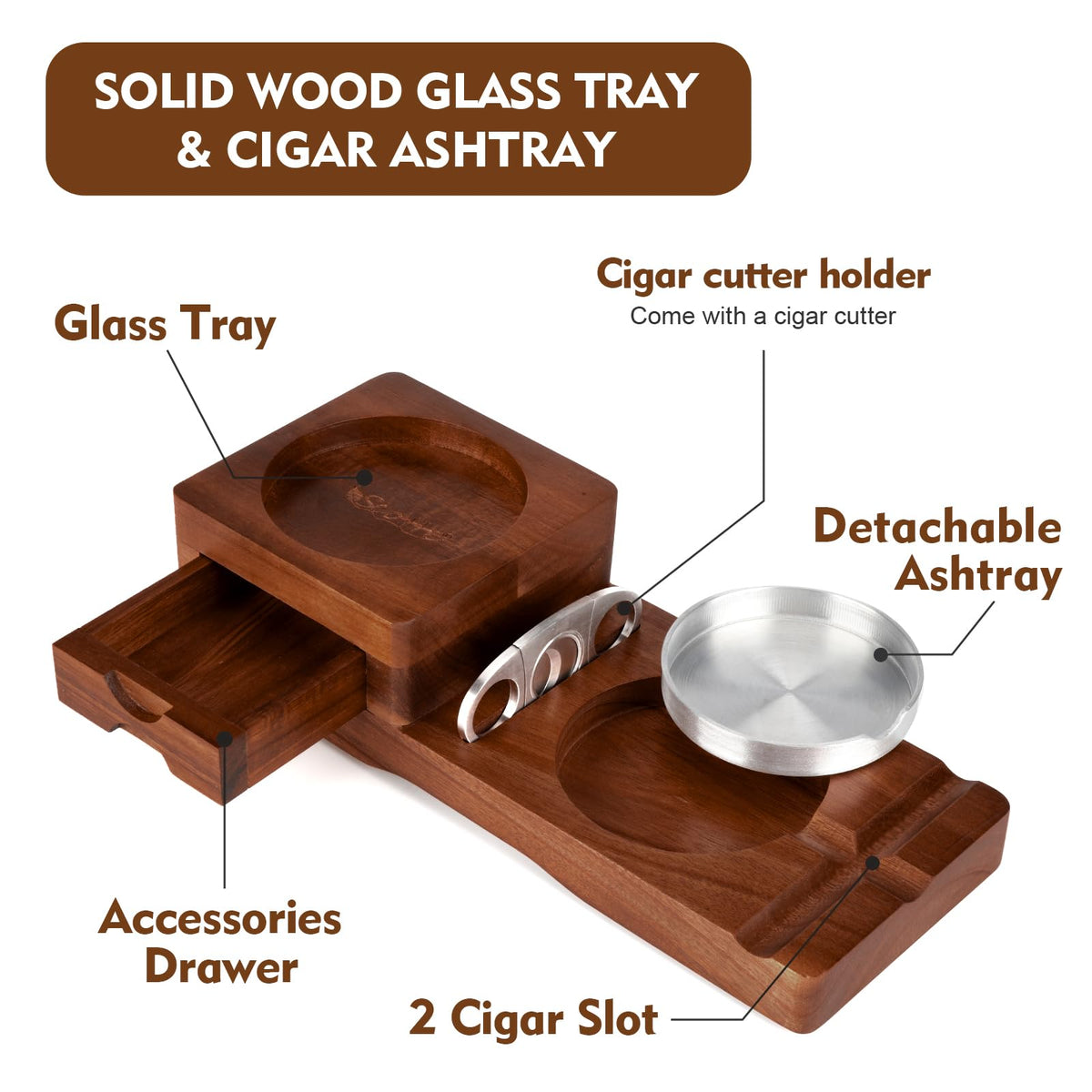 Scotte wooden ashtray with cigar slot ideal for home, office, or outdoor entertaining.