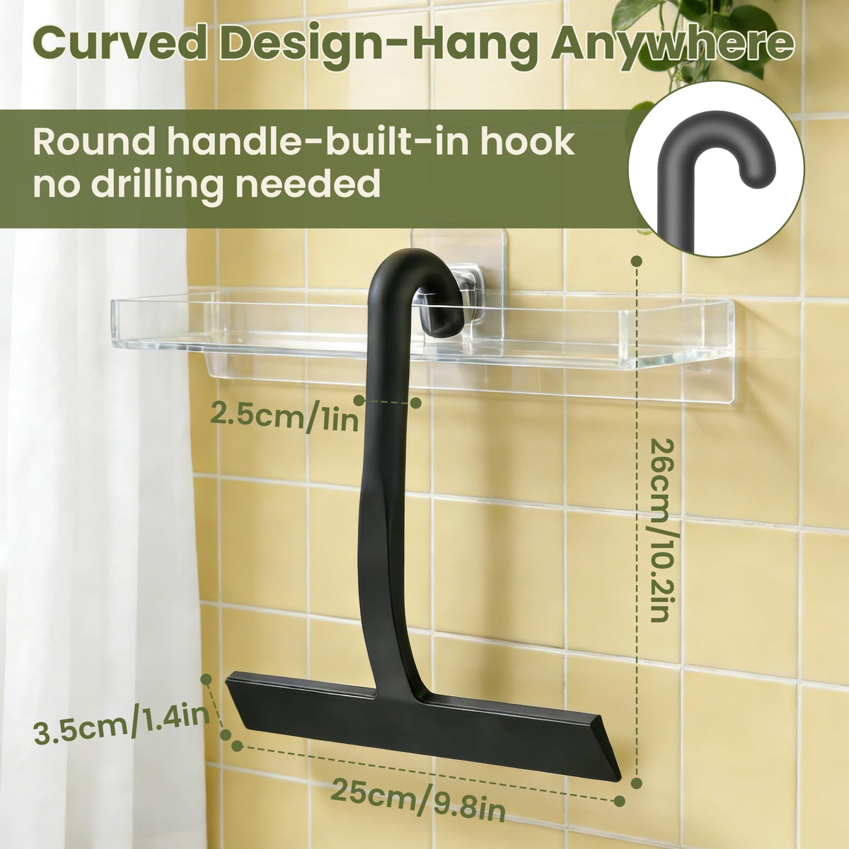 SCOPOW built-in hook for easy hanging on shower door or towel bar.