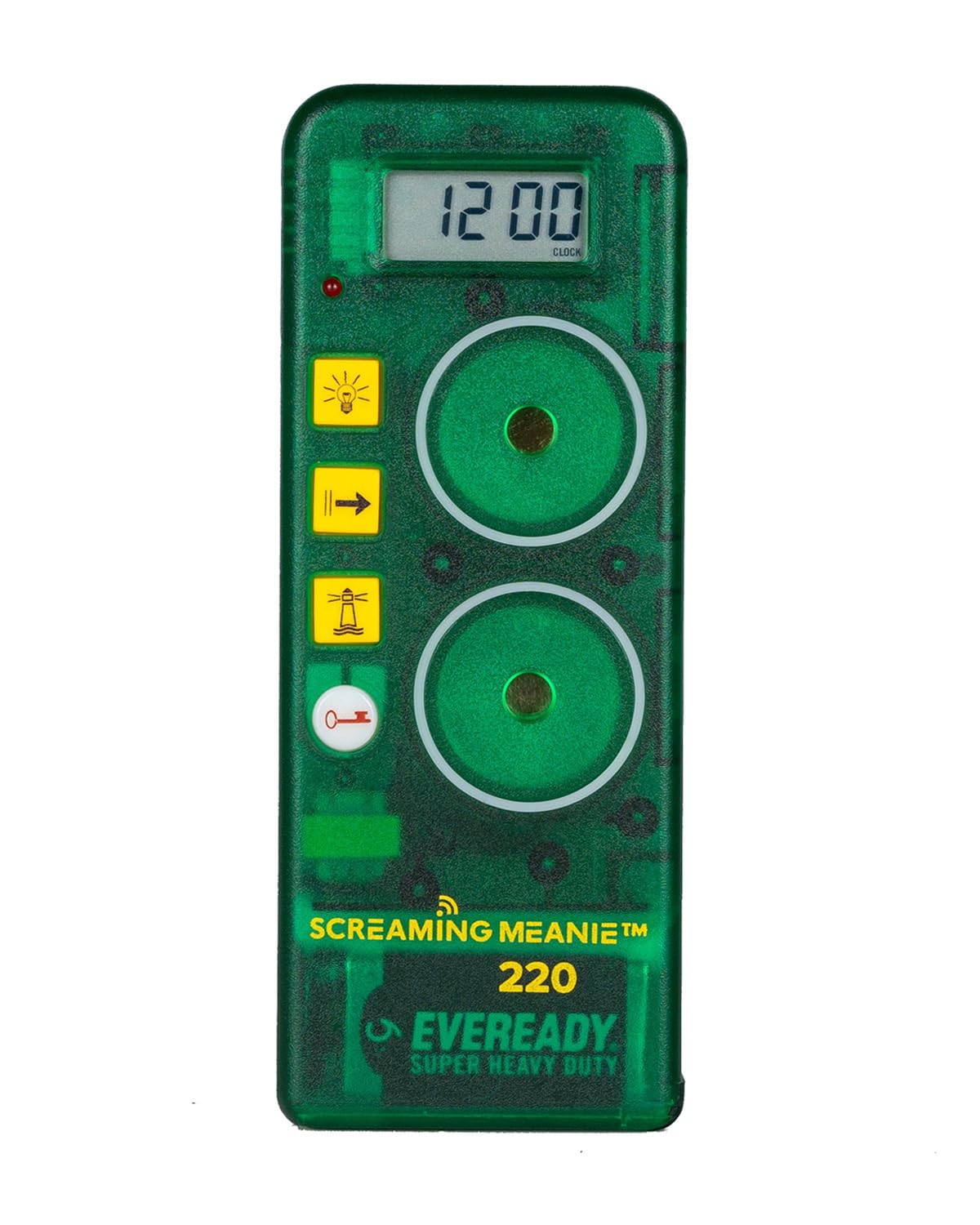 Screaming Meanie 220 front view shows compact travel-ready alarm clock