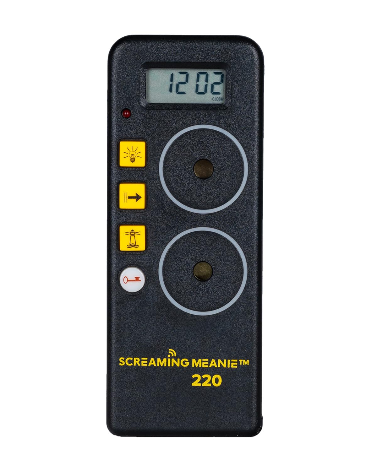 Screaming Meanie 220 front view, compact alarm clock ready for travel