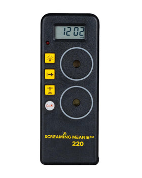 Screaming Meanie 220 front view, compact alarm clock ready for travel