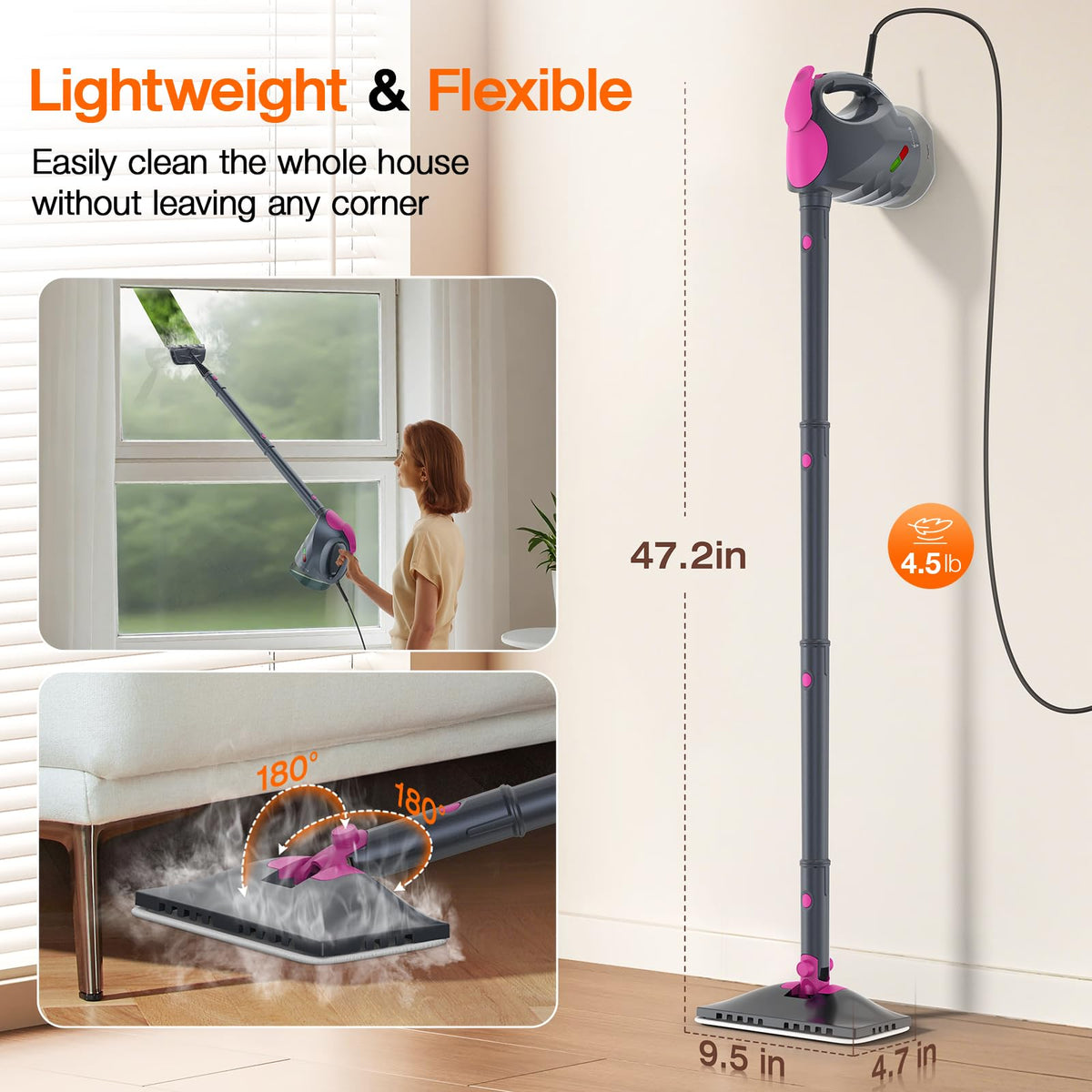 ScrubWiz rapid 10 second heat activates steam to tackle tough stains efficiently.