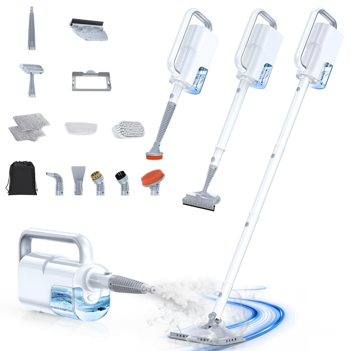 ScrubWiz steam mop on floor showing rapid heat for cleaning.