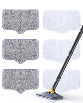 ScrubWiz steam mop pads 6-pack attached to a steam mop for quick cleaning
