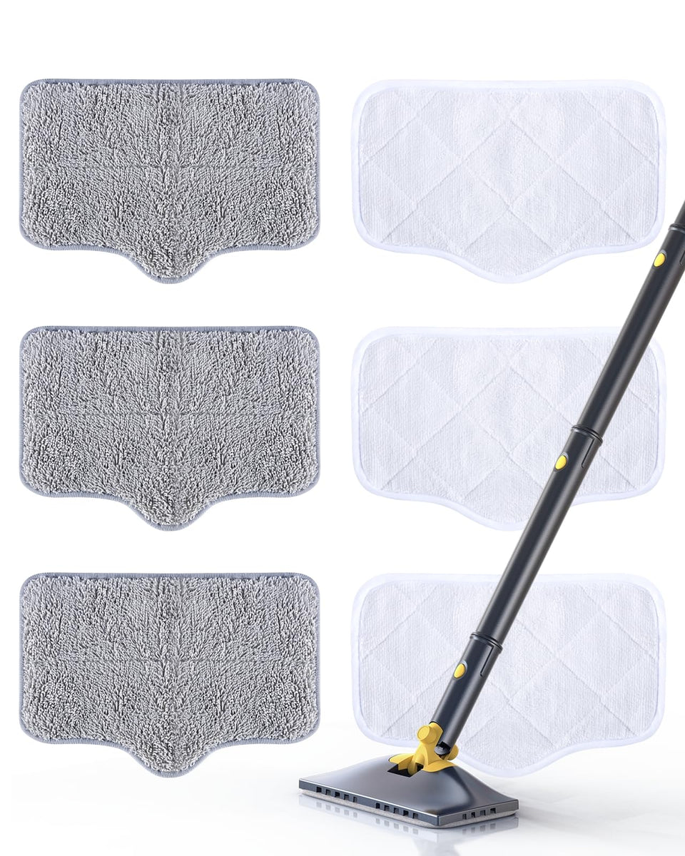 ScrubWiz steam mop pads 6-pack attached to a steam mop for quick cleaning