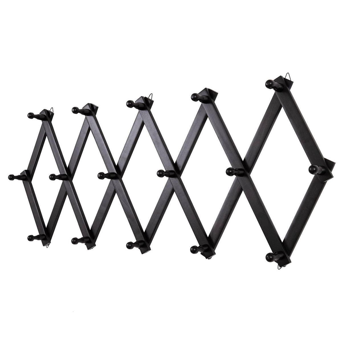 SCUNDA accordion wall hanger extended with 16 hooks for full storage capacity.