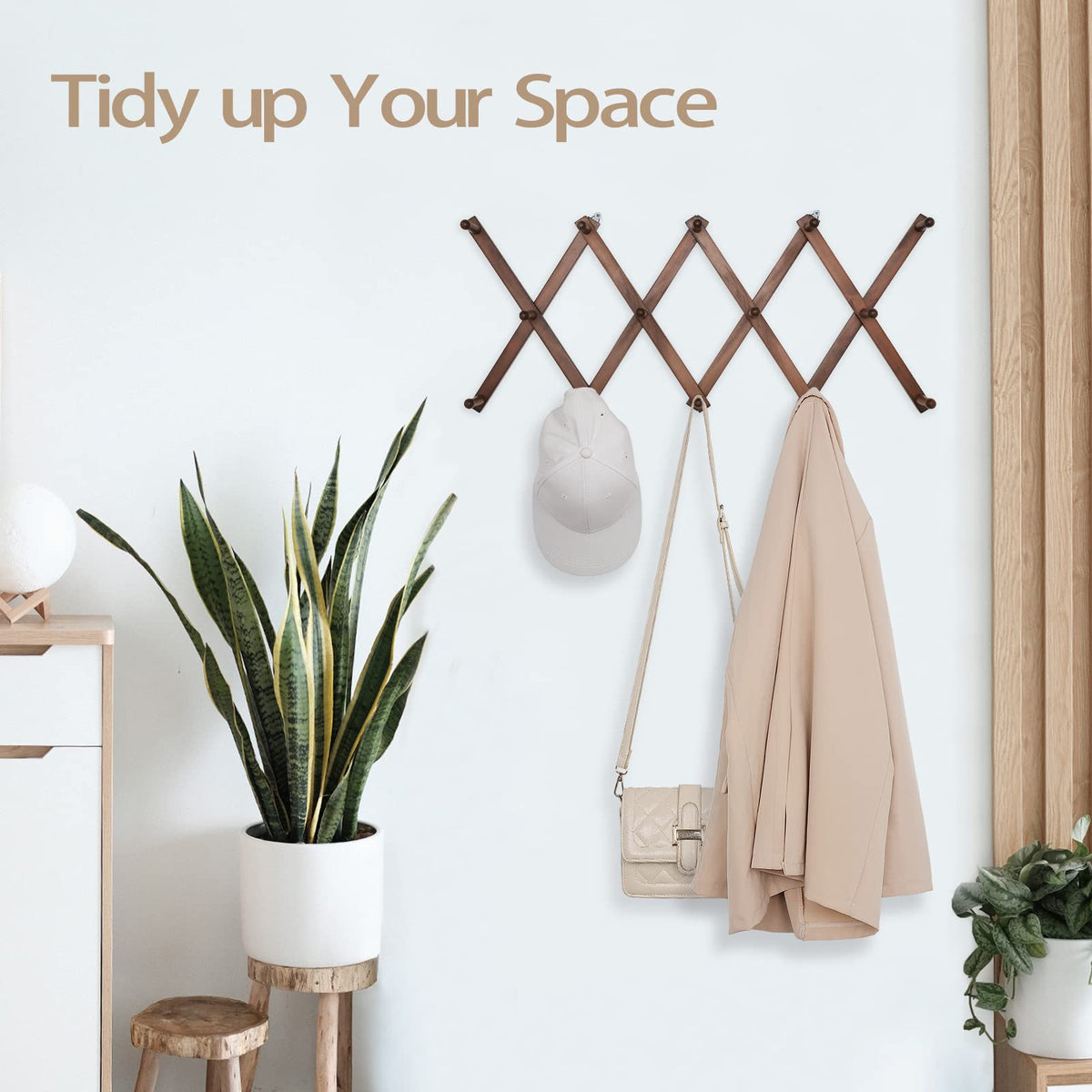 Holds coats, hats, mugs, and jewelry with versatile design.