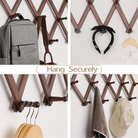 Expandable wall rack extends to fit varying spaces with a natural wood finish.