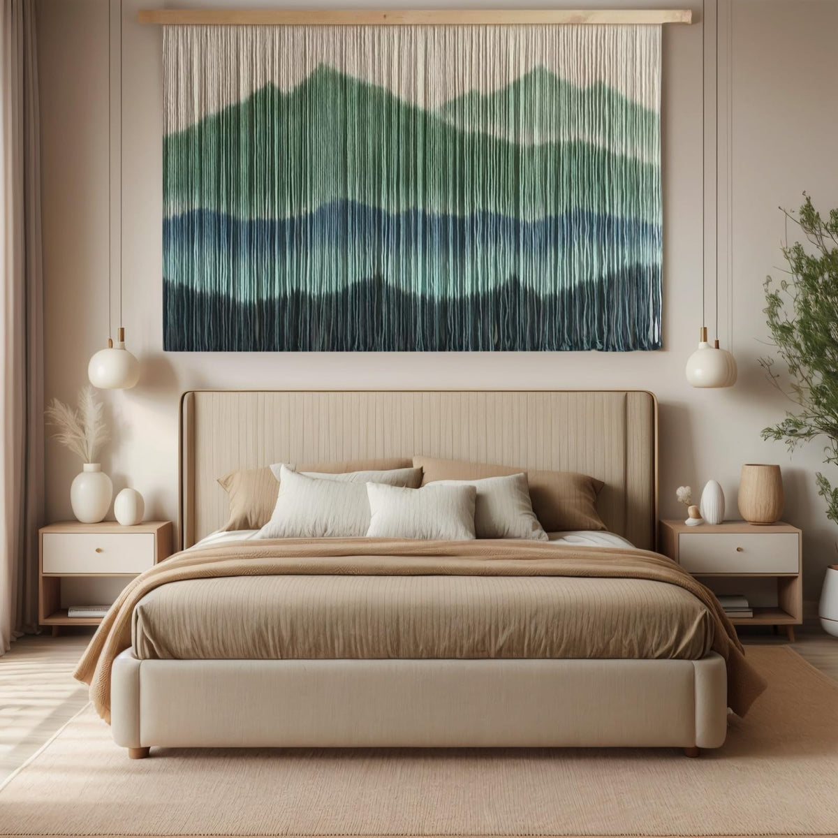 Detailed cotton knot work of the Sdjazl wall hanging shows soft, natural fibers.