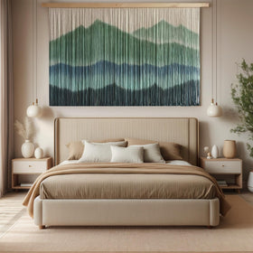 Detailed cotton knot work of the Sdjazl wall hanging shows soft, natural fibers.