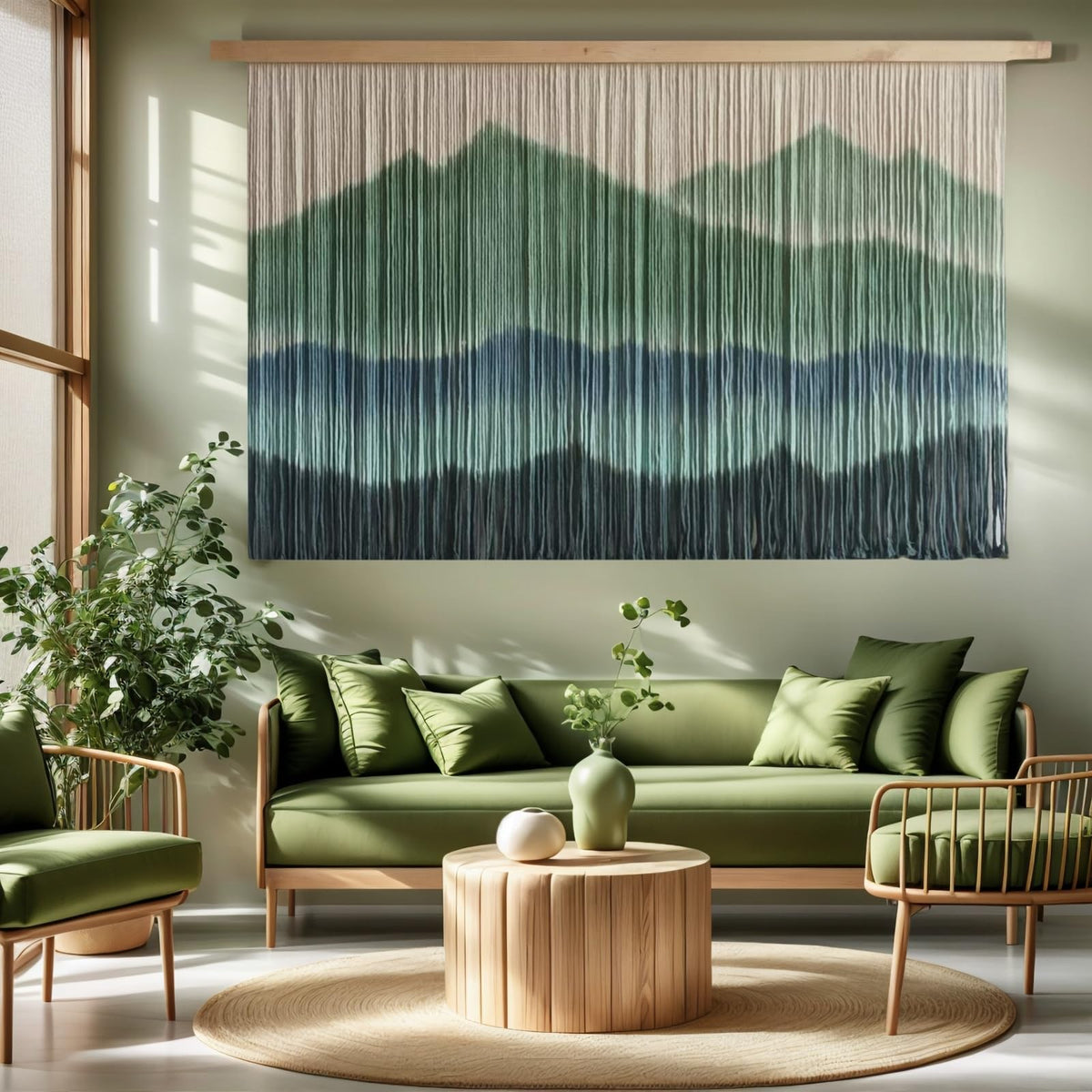 Sdjazl macrame wall hanging in green dip-dyed tones for cozy living room ambiance.