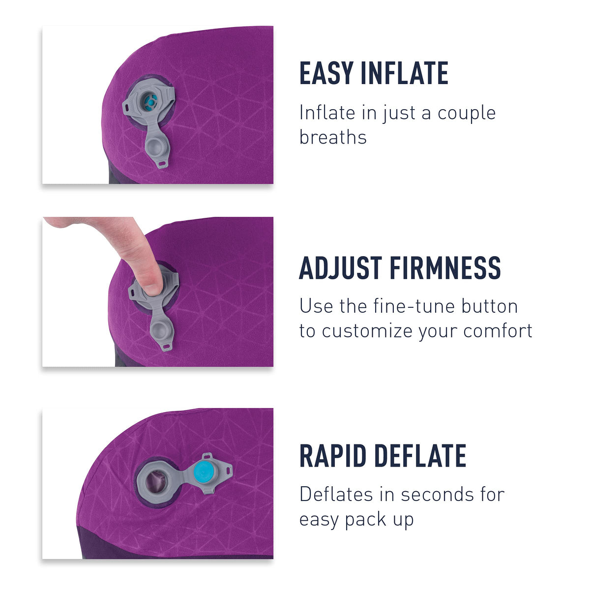 Sea to Summit Aeros neck pillow inflated size shown for adjustable firmness on trips