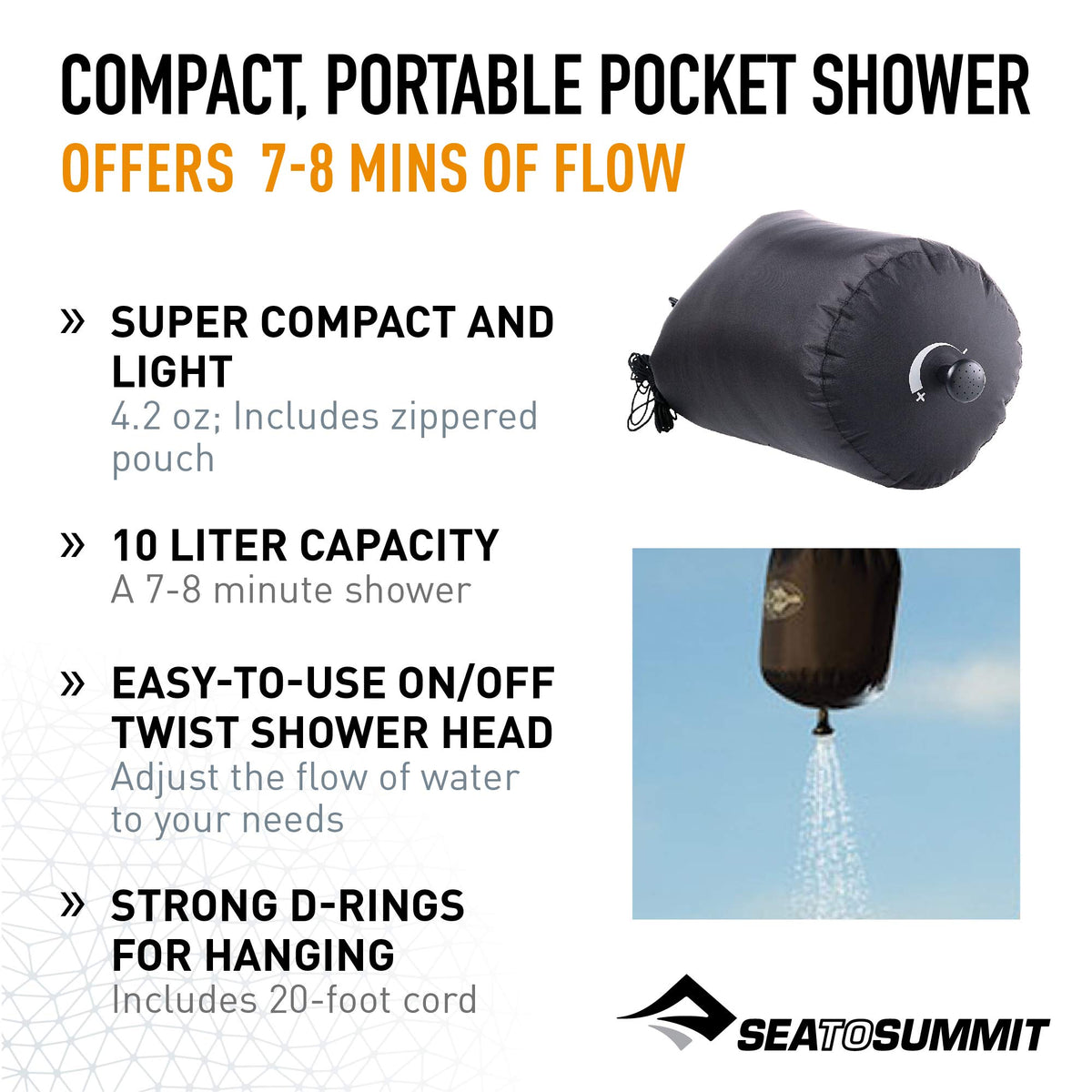 Sea to Summit pocket shower hanging setup outdoors for a convenient rinse