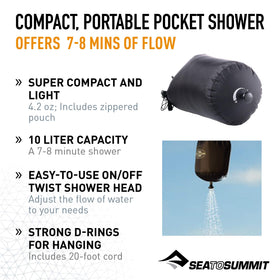 Sea to Summit pocket shower hanging setup outdoors for a convenient rinse
