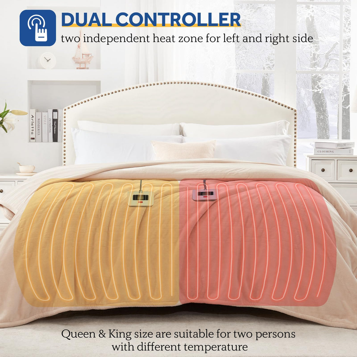 Sealy beige electric blanket draped on a bed.