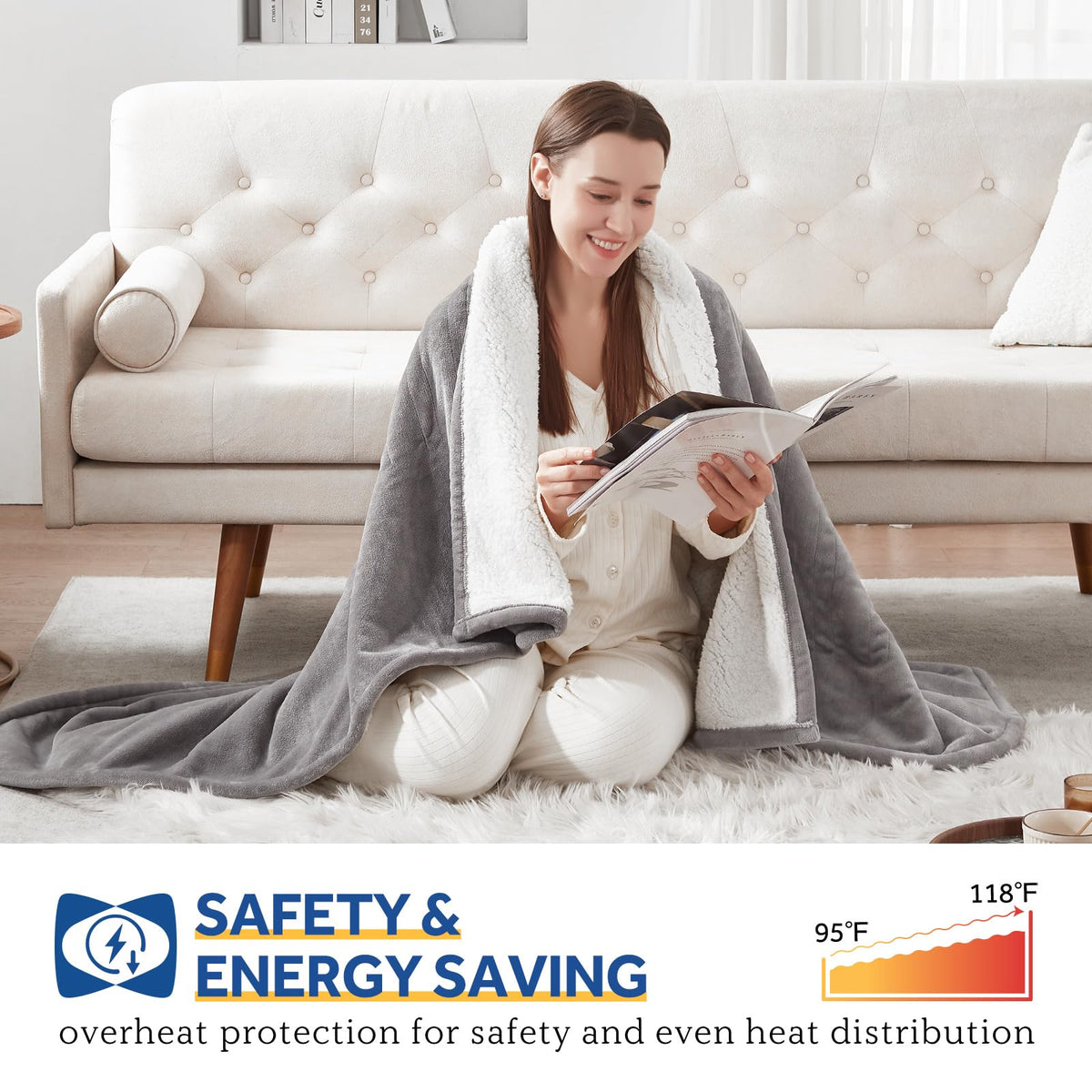 Sealy electric throw blanket laid flat shows 50x60 inch coverage for sofa or bed use.