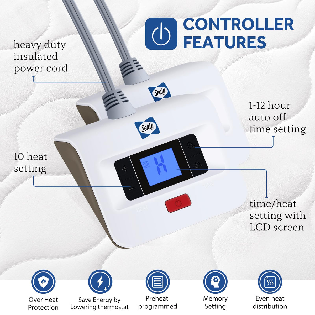Sealy heated mattress pad fabric detail highlights soft polyester surface for comfortable sleep