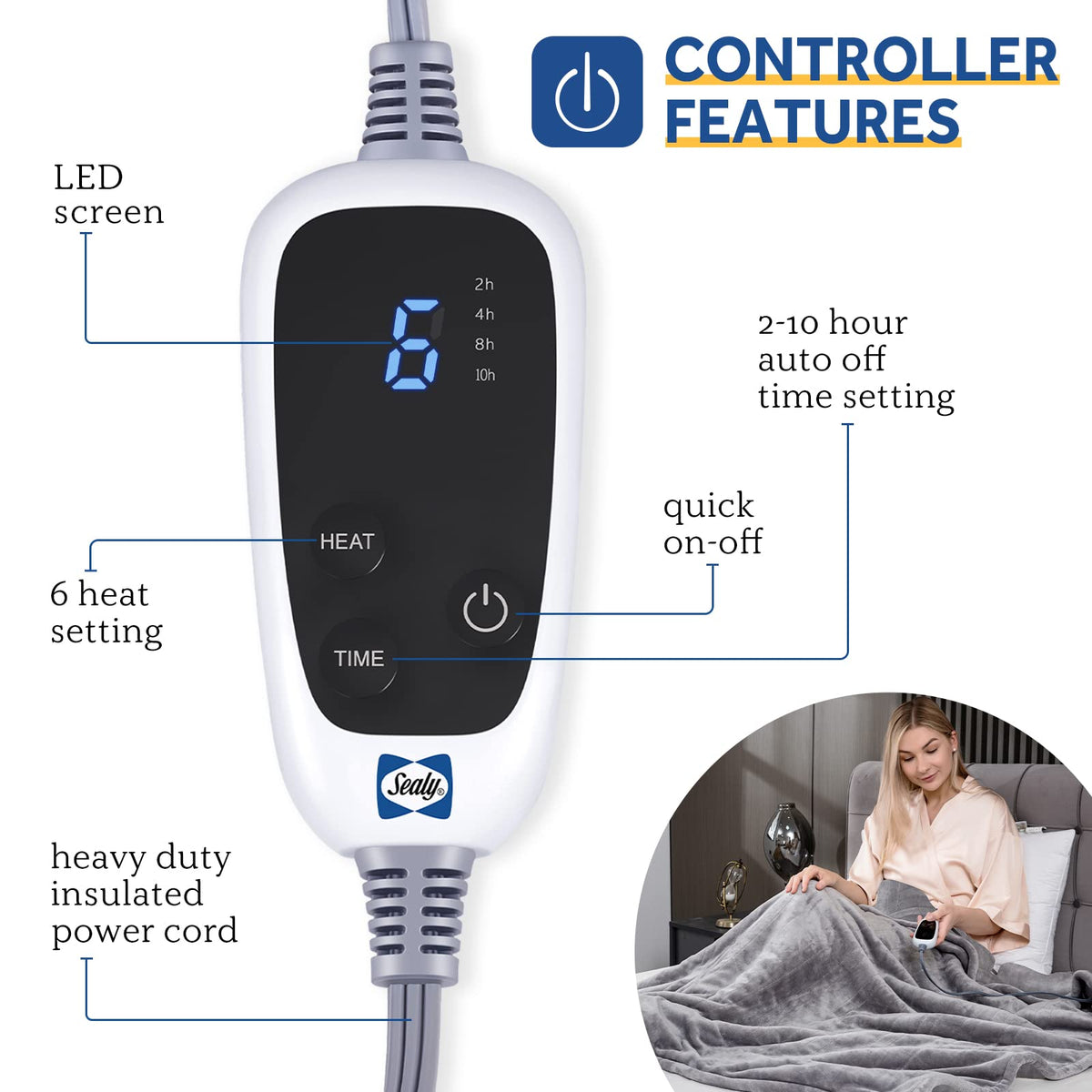 Sealy heated throw blanket controls closeup showing six heat settings for personalized warmth