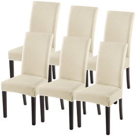 SearchI dining chair slipcovers with beige rhombus pattern protect seats and refresh decor.