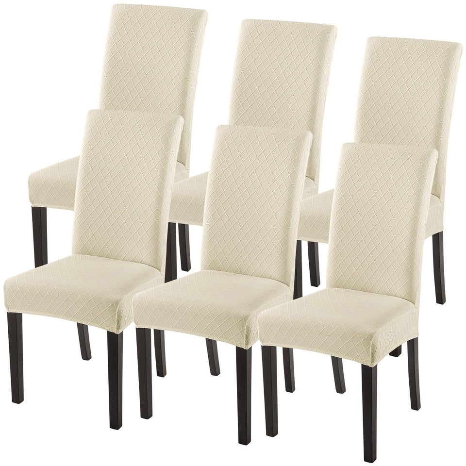 SearchI dining chair slipcovers with beige rhombus pattern protect seats and refresh decor.