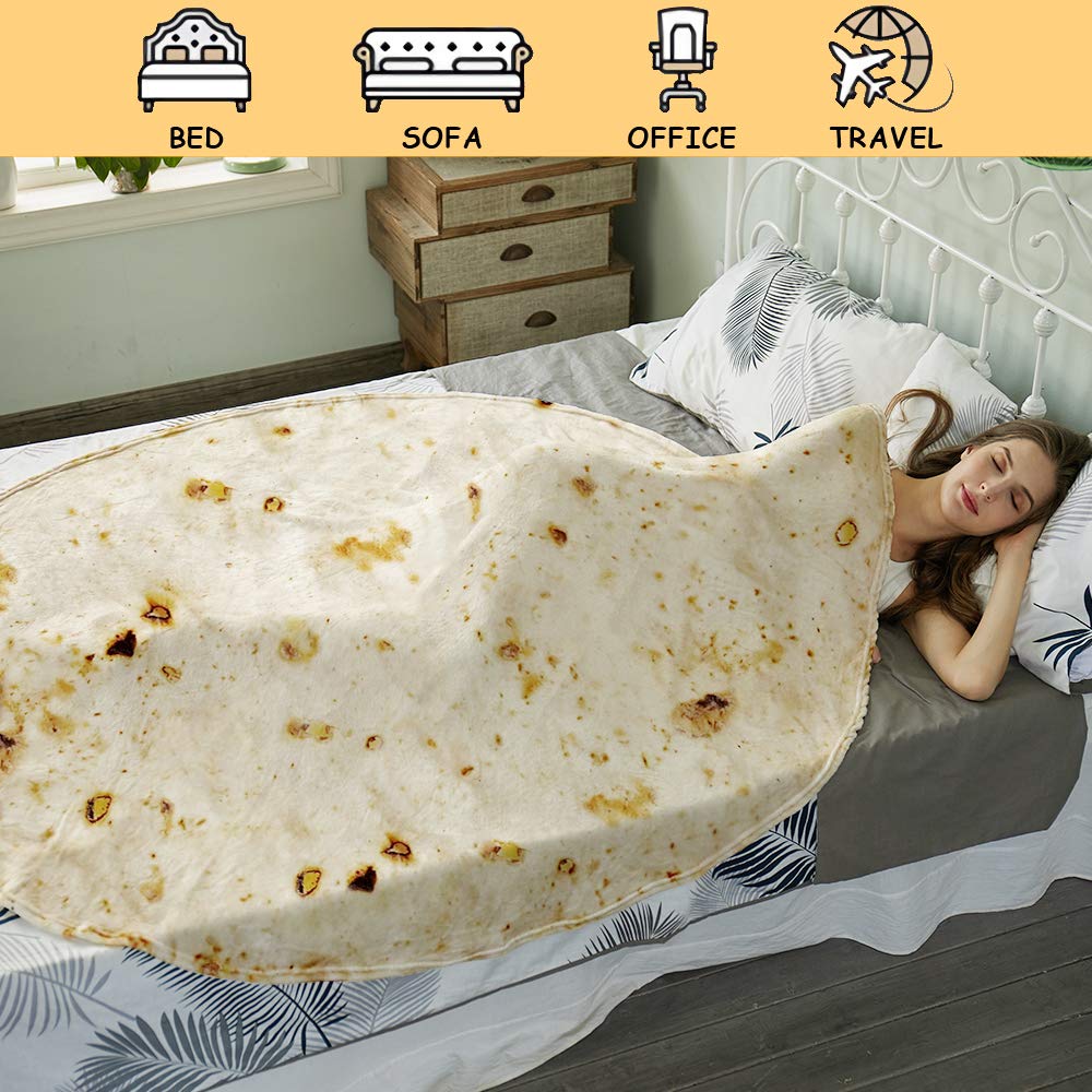 SeaRoomy blanket closeup shows soft flannel fabric and bright, playful tortilla print.