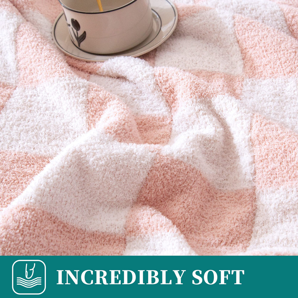 SeaRoomy pink checkered throw blanket knit feels ultra soft