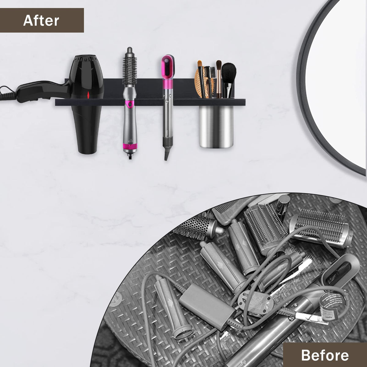 Seashpea bathroom blow dryer holder accommodates curling irons and brushes