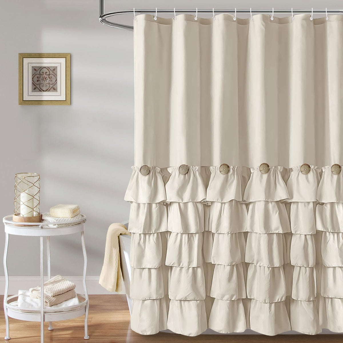 Seasonwood beige ruffle shower curtain with cottage charm helps keep floors dry.