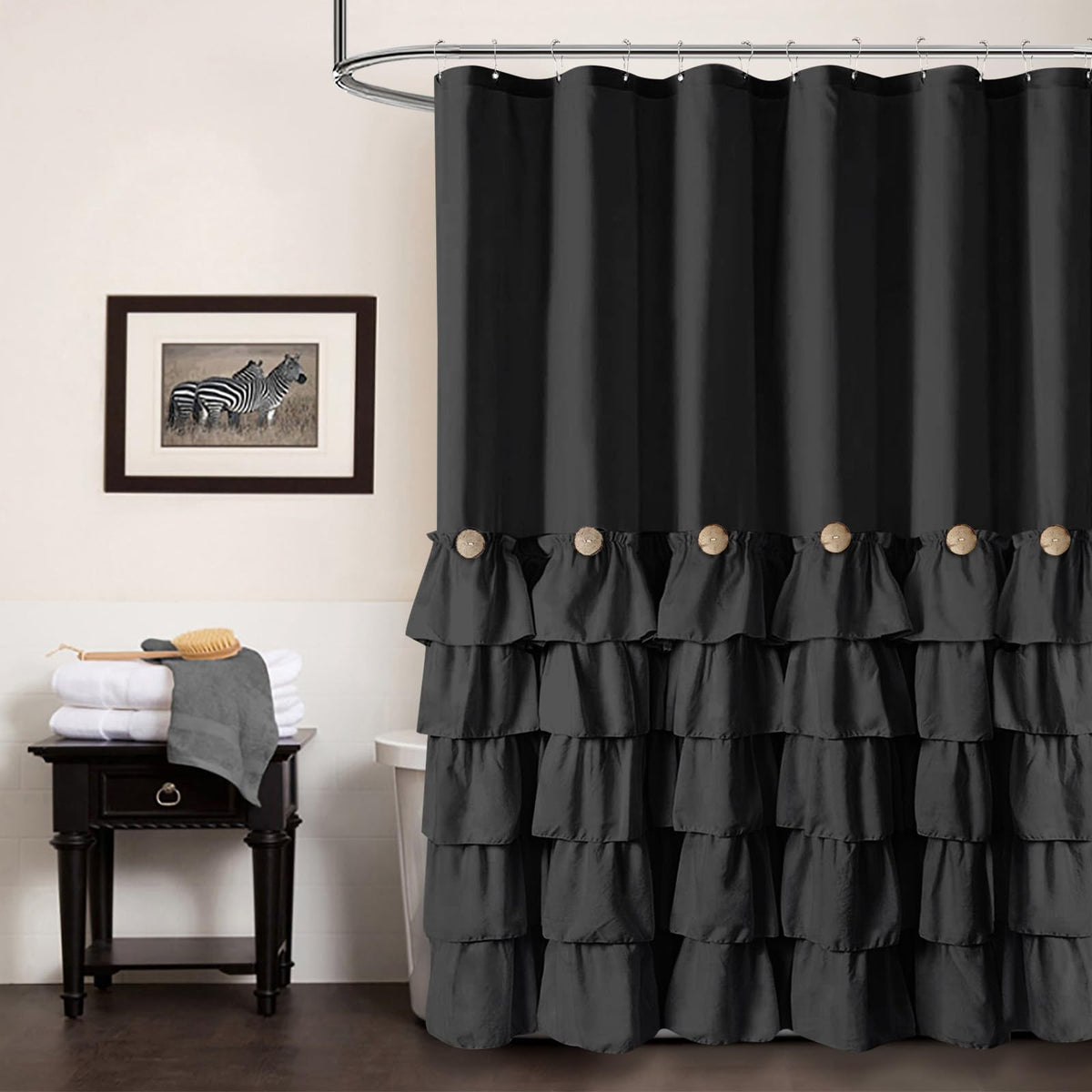 Seasonwood black ruffle shower curtain with 72x72, adds privacy and style.