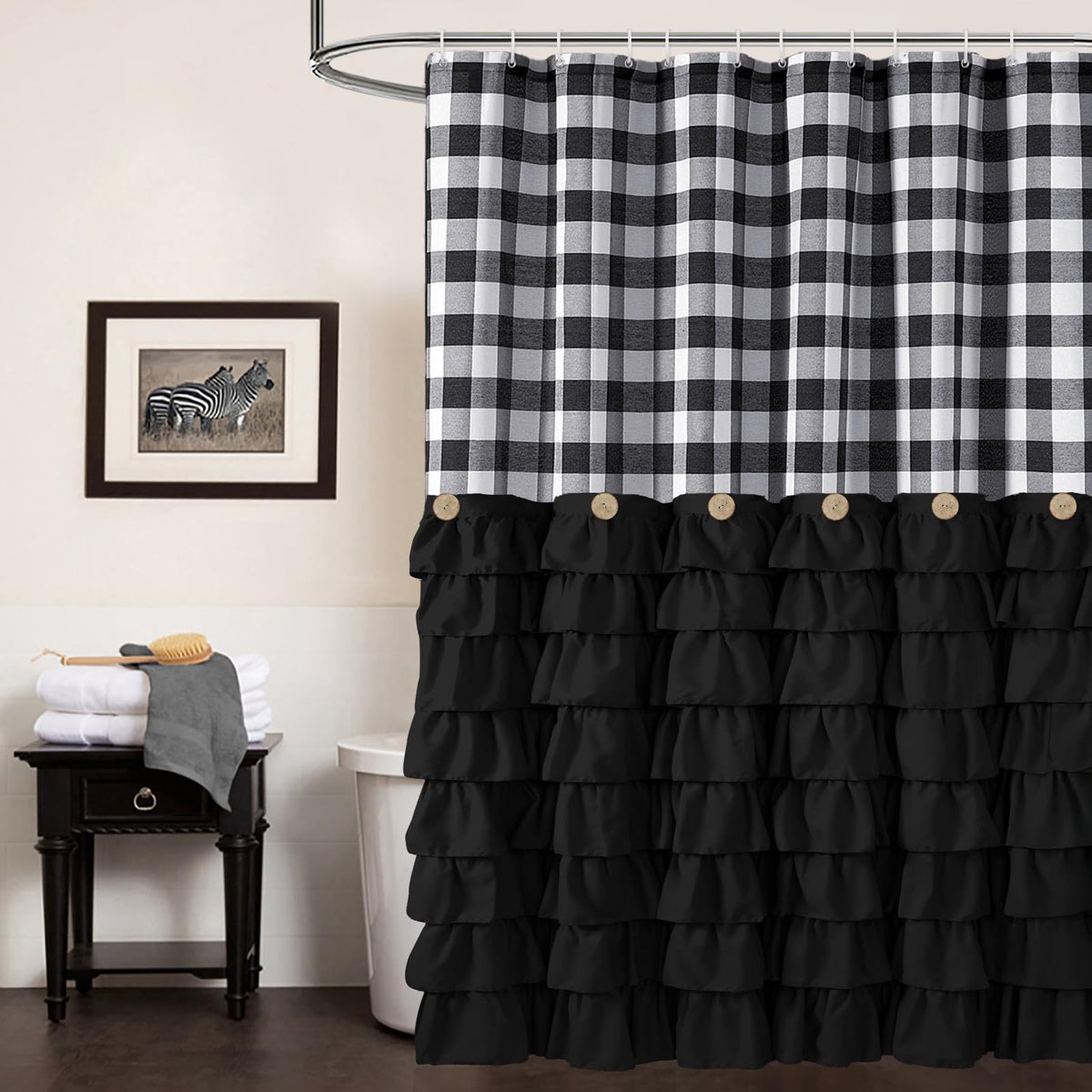Seasonwood buffalo plaid shower curtain in black and white adds timeless bathroom style.
