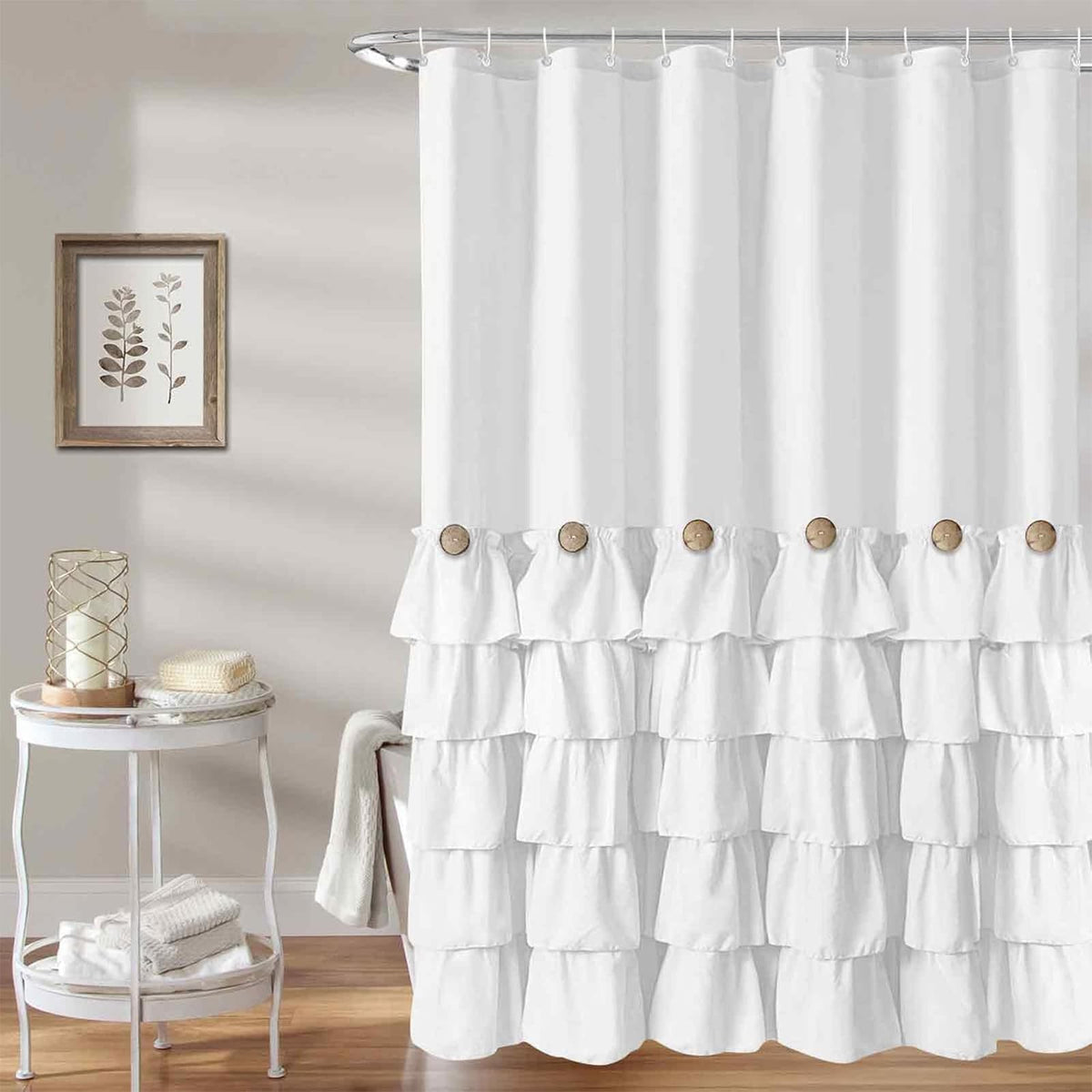 Seasonwood white ruffle shower curtain, 72x72 inches, fits most tub setups.