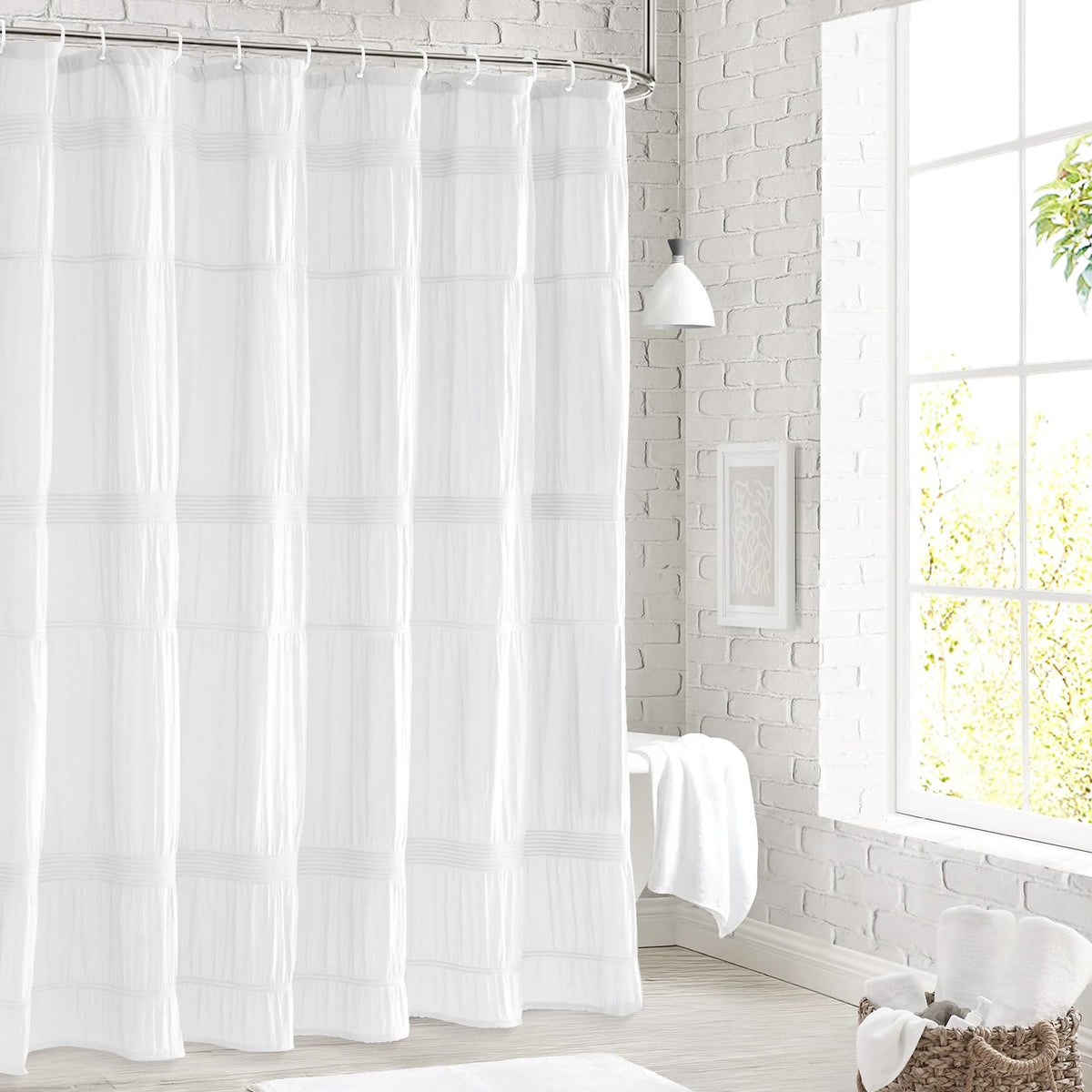 Seasonwood white curtain farmhouse look brightens bathroom space