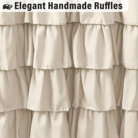 Seasonwood curtain features natural wood buttons for a cozy cottage look.