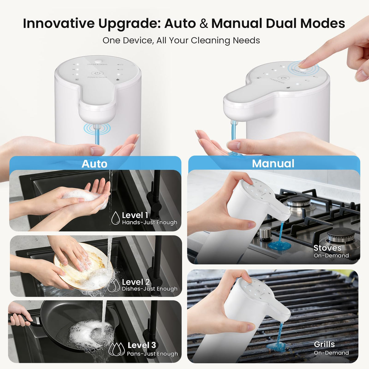 Seawah dual modes in use, auto mode dispensing soap at a kitchen sink