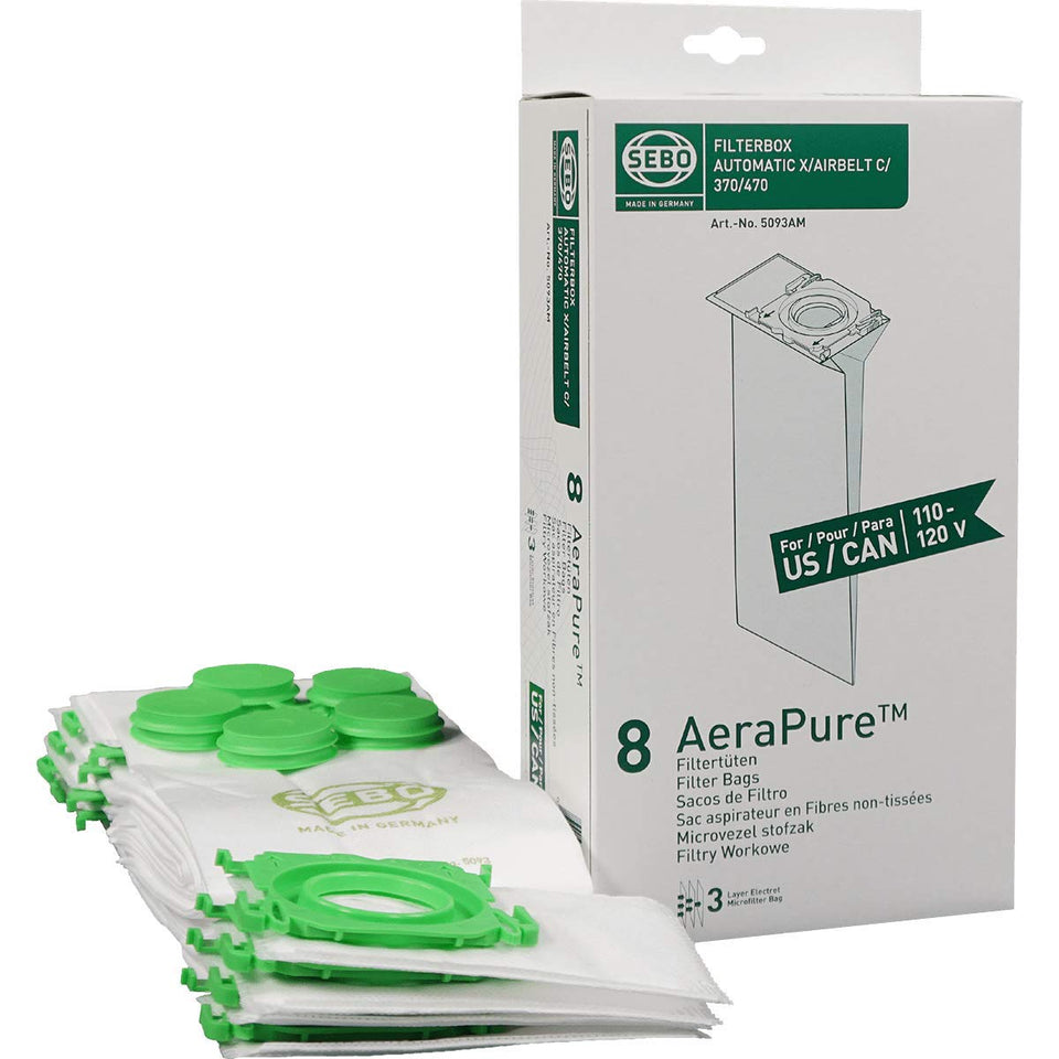 Sebo 5093AM filter bags pack for upright vacuums, ensuring strong suction and containment.