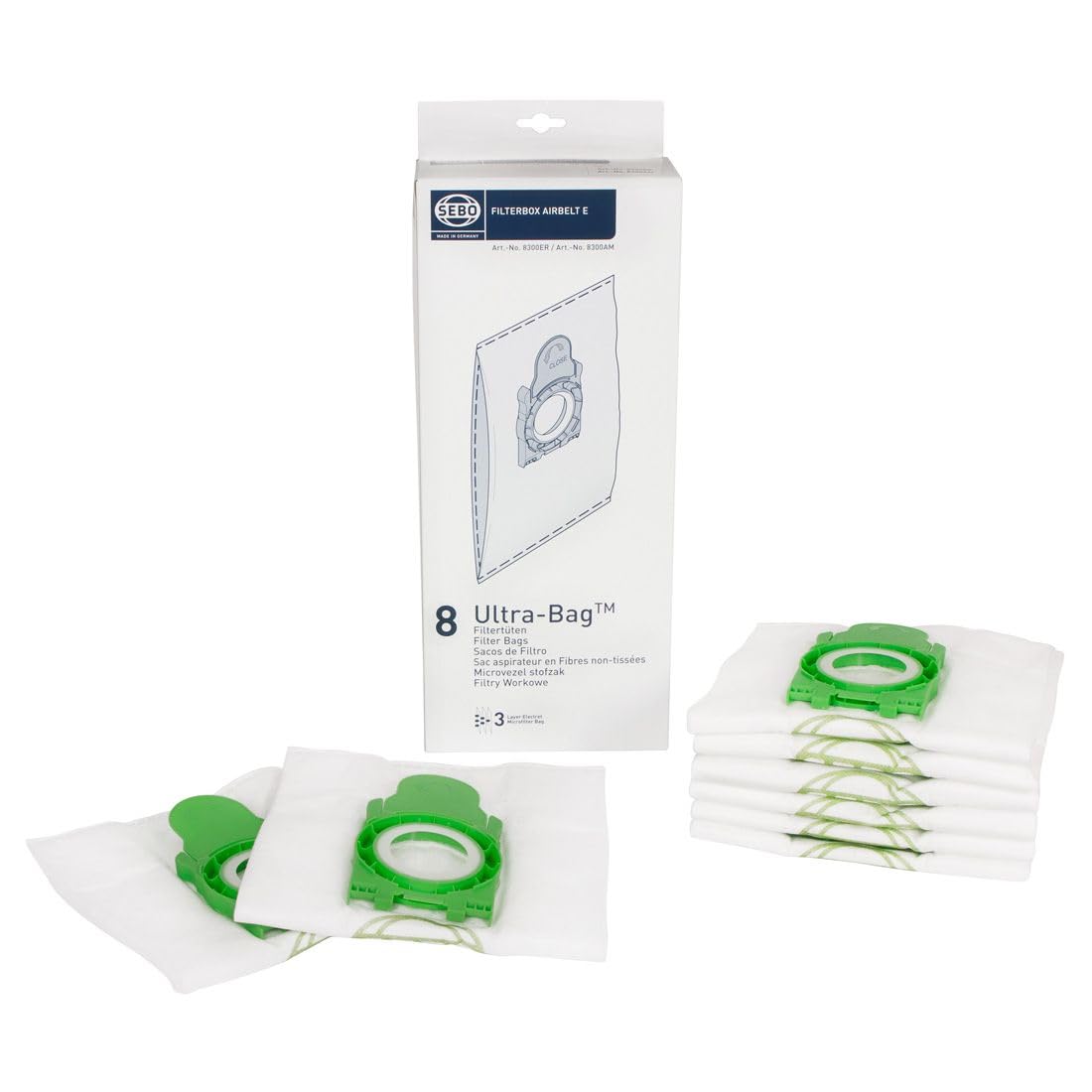 Sebo Airbelt 8300ER filterbox with 8 ultra-bag filters for cleaner air and easy bag changes