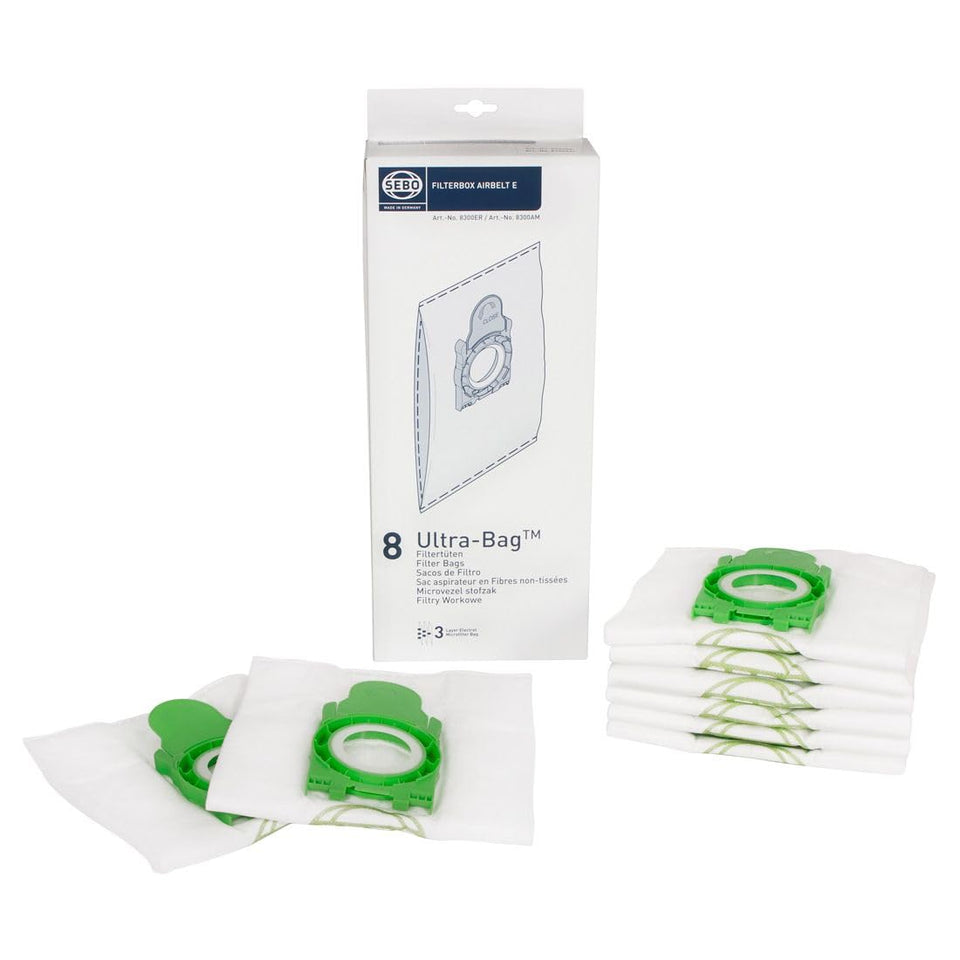 Sebo Airbelt 8300ER filterbox with 8 ultra-bag filters for cleaner air and easy bag changes