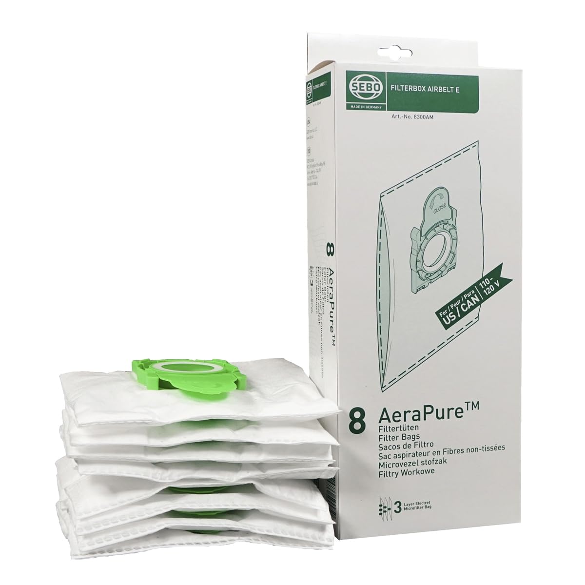 Sebo Airbelt E 8 pack bags with caps for secure disposal