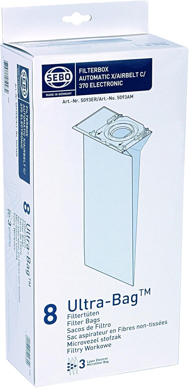 Sebo Genuine X-series dust bags in packaging, compatible with X1–X5 for efficient dust containment.