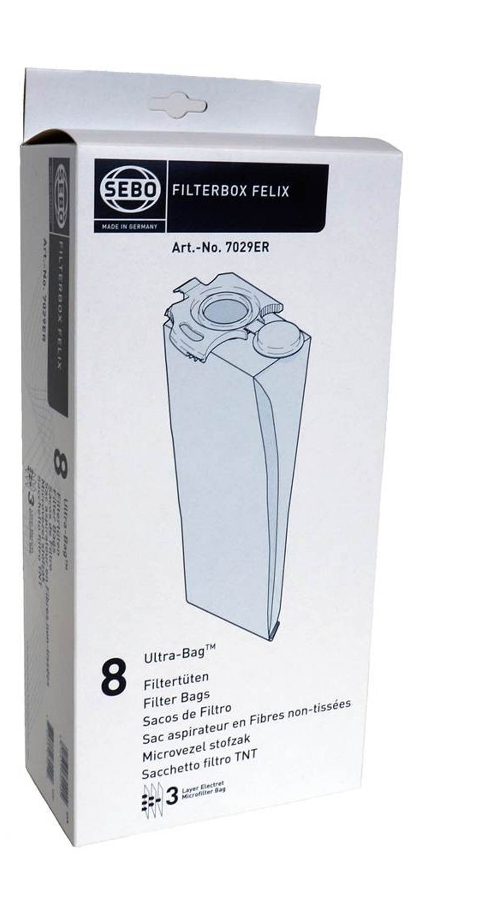 SEBO Felix filterbox 8-pack packaging highlighting convenient replacement and long-lasting filtration
