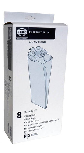 SEBO Felix filterbox 8-pack packaging highlighting convenient replacement and long-lasting filtration